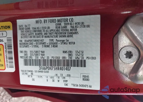 2017 Ford Fusion Se z USA, uszkodzony, nr VIN 3FA6P0H75HR401407